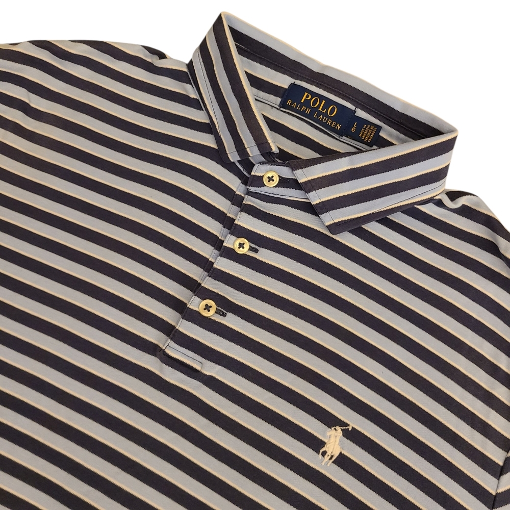 Ralph Lauren Polo Men's Large Navy, Light Blue & White Stripe Short Sleeve Polo
